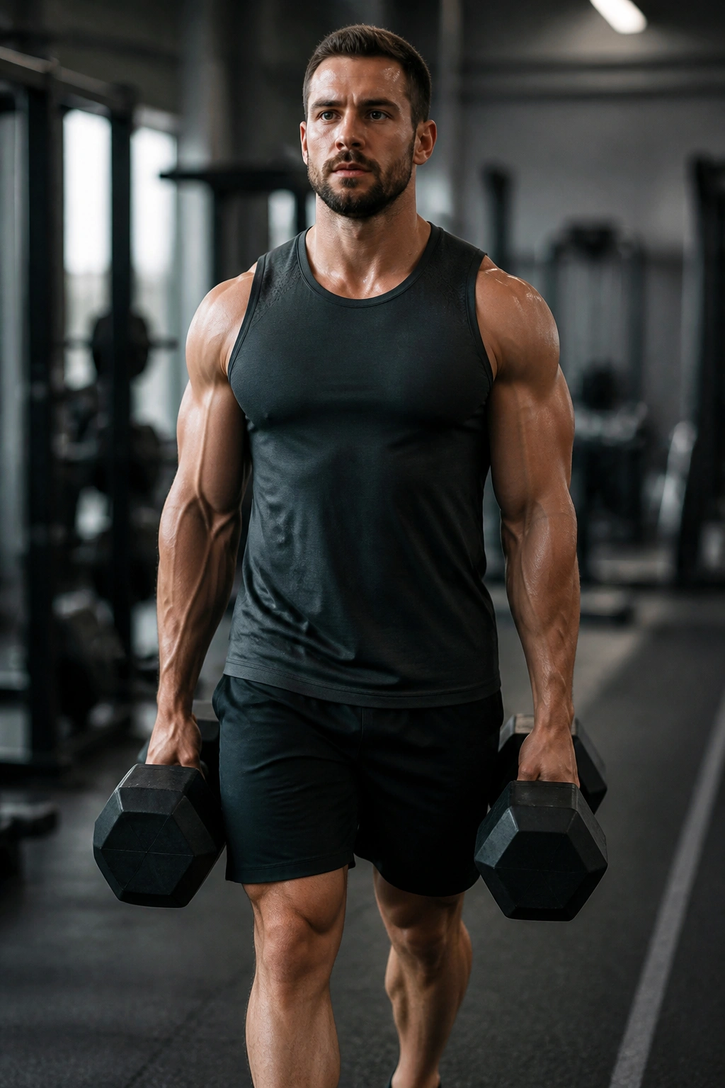 Medium-close image of a person performing a farmer's carry with heavy dumbbells and braced core