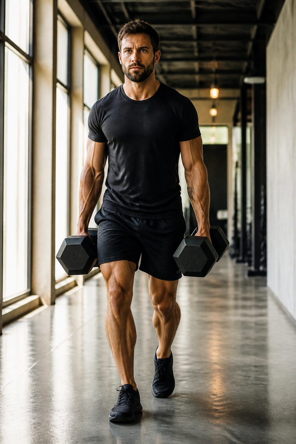 Full-body lifter carrying heavy dumbbells in a gym hallway.