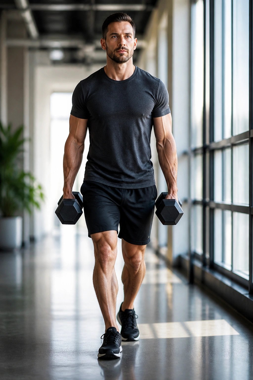 Mid-shot of a person performing a farmer's carry with dumbbells in a gym corridor.