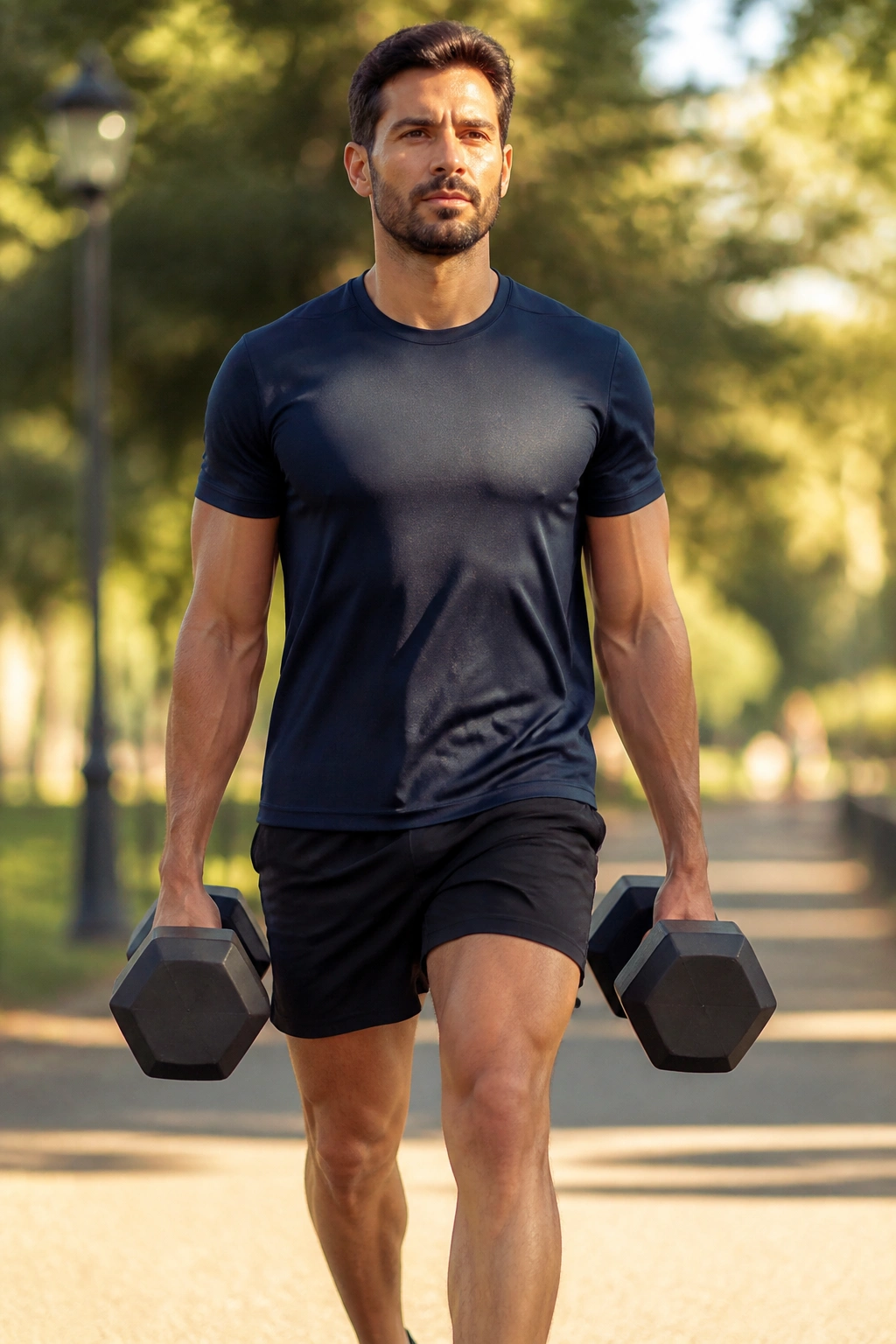Real person performing farmer's carry with heavy dumbbells outdoors
