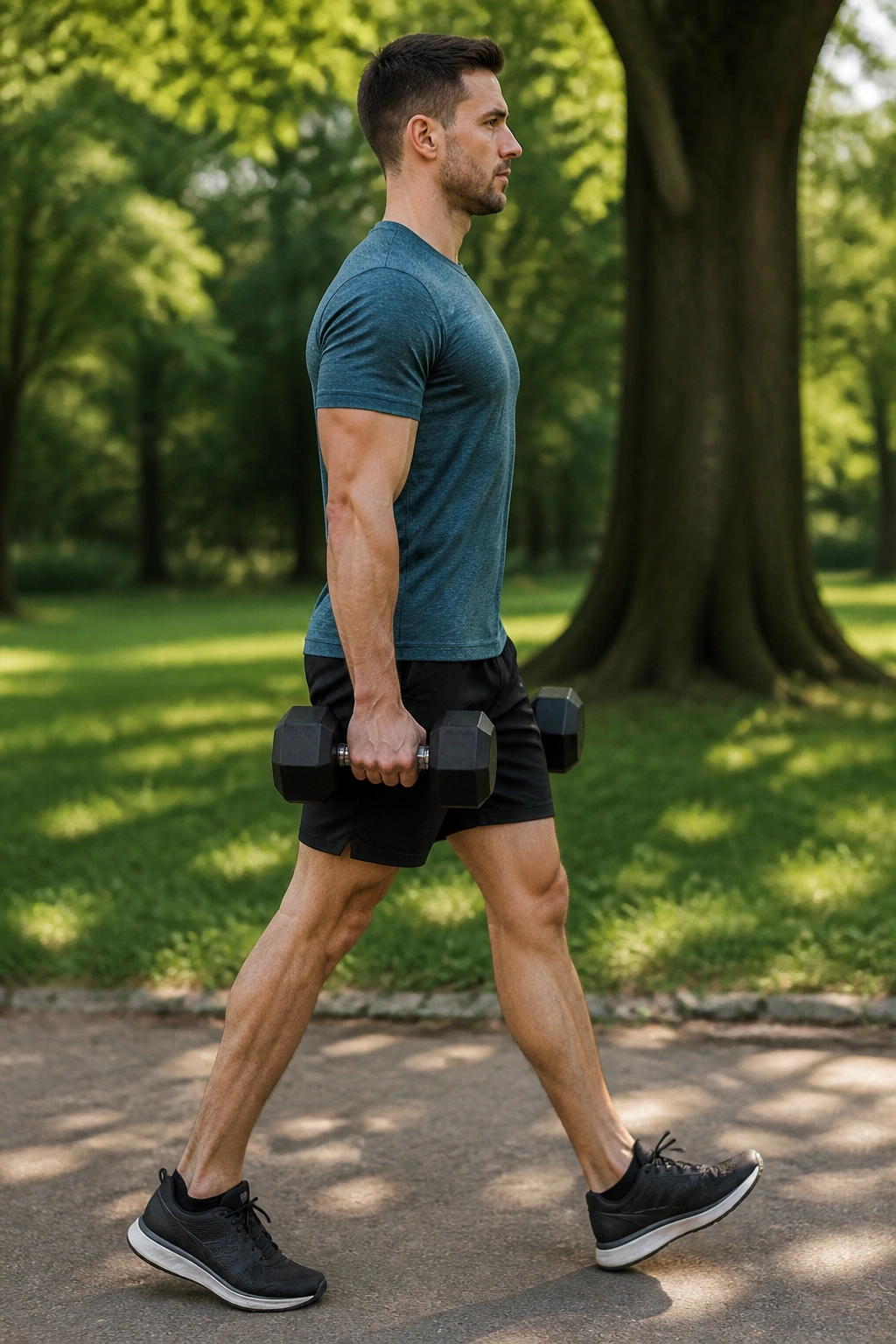 Farmer's carry walk outdoors with dumbbells in each hand