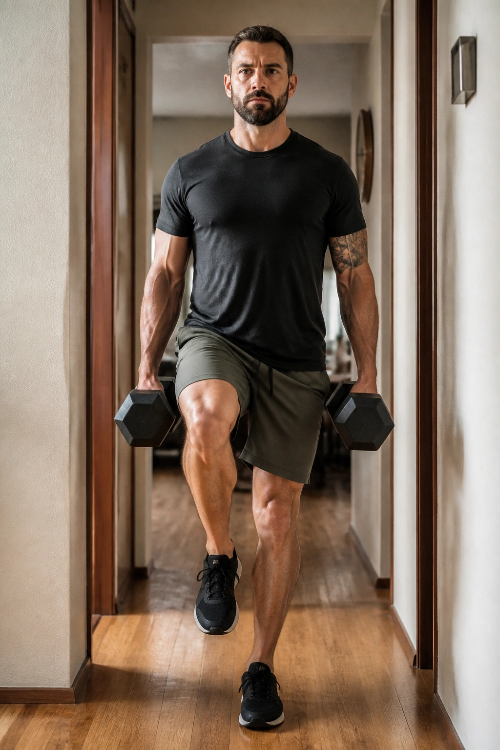Person carrying weights in a hallway during farmer carries