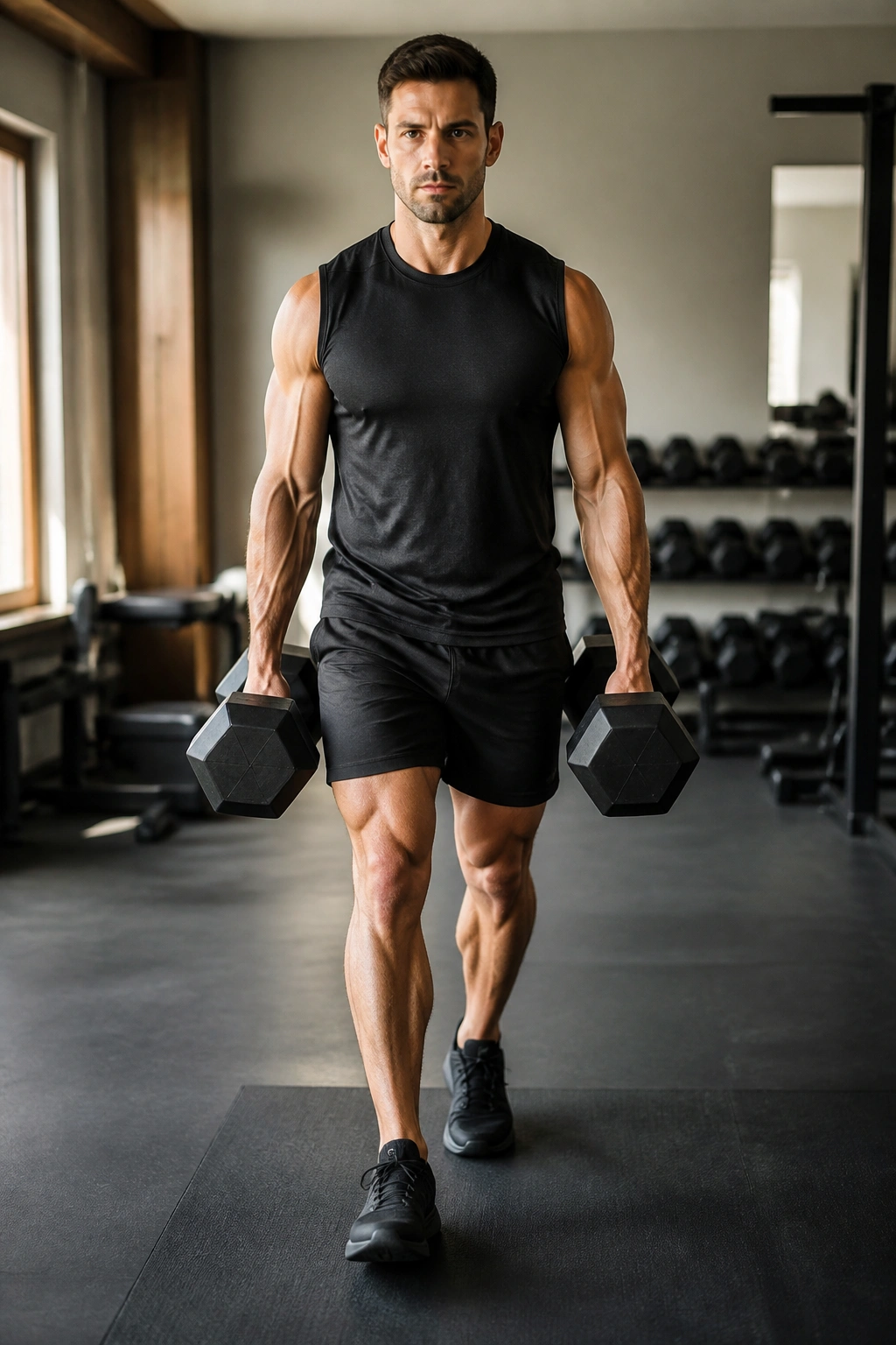 Real person performing farmer carry with heavy dumbbells in a home gym, emphasizing grip, traps, and core