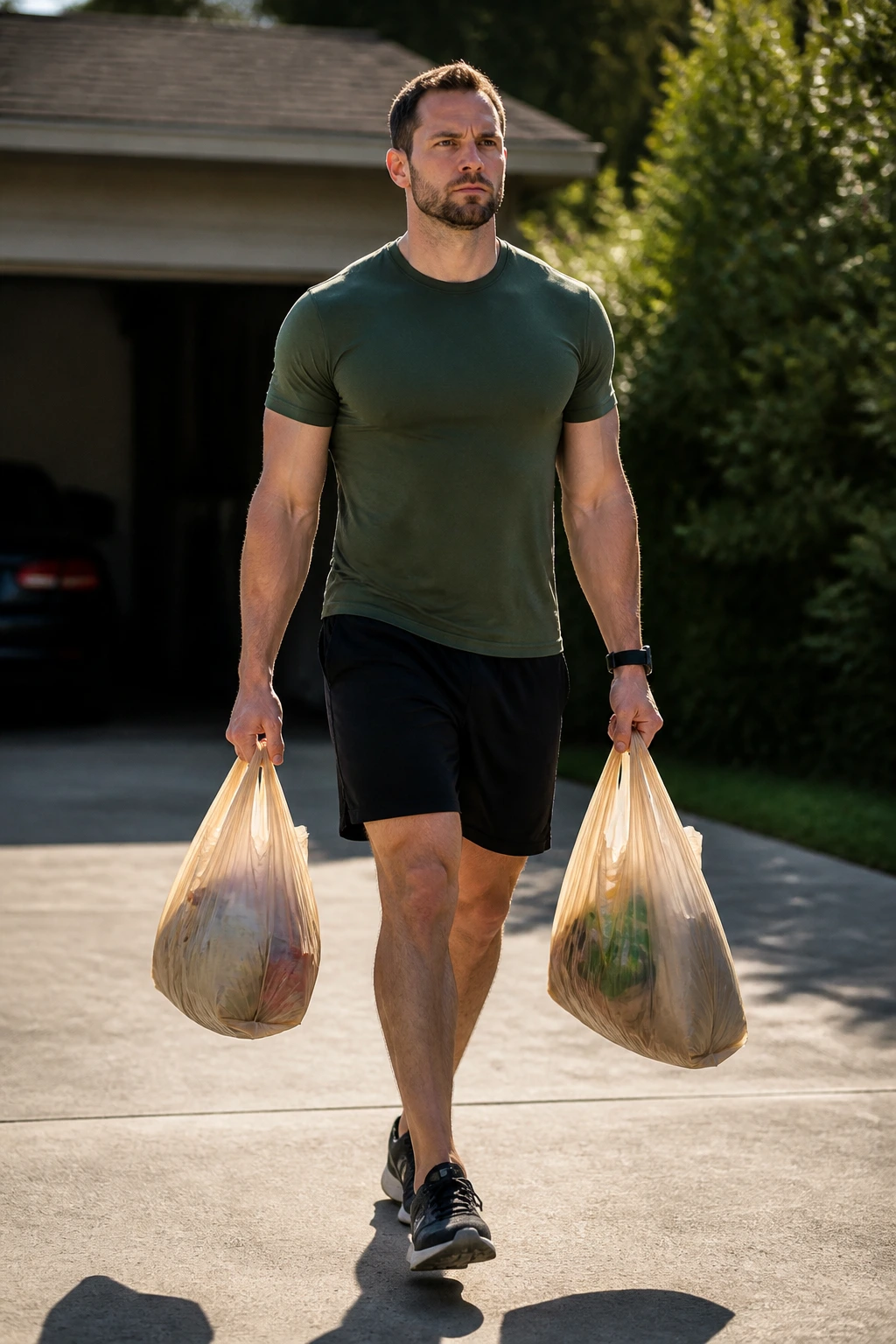Real person carrying groceries with two bags in a sunny driveway