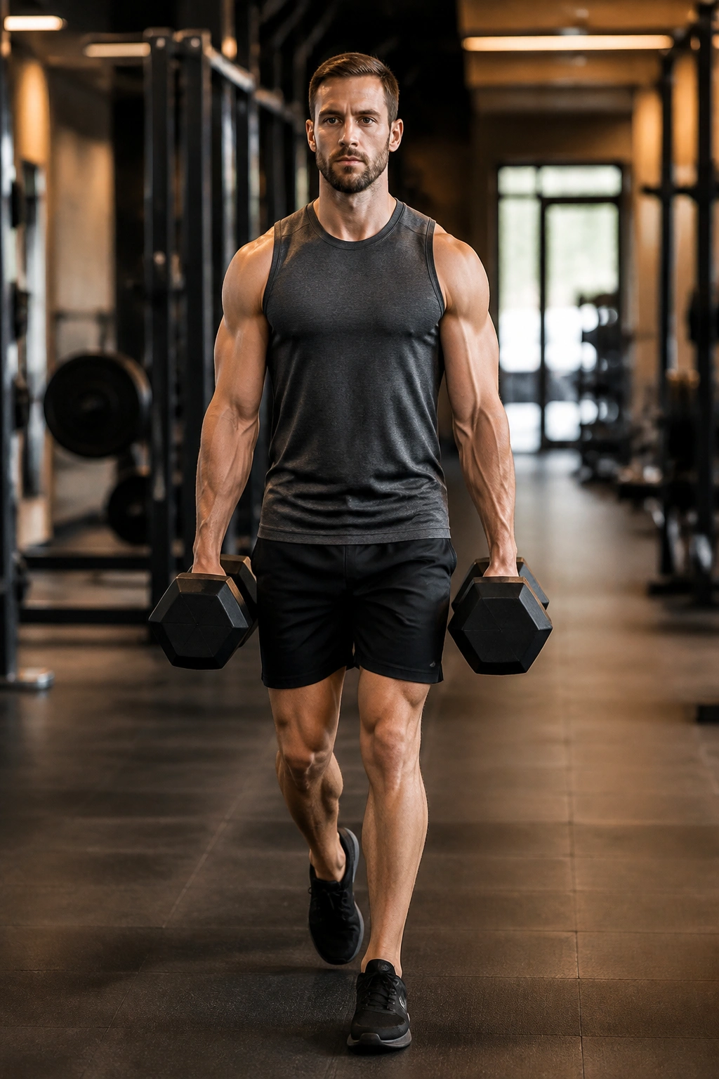 Person carrying dumbbells in farmer carry in gym