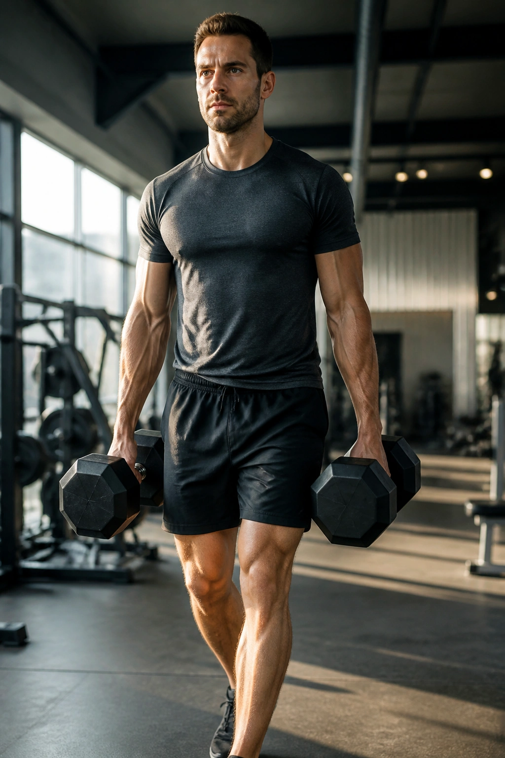 Close-up of a fit person performing a Farmer's Carry with two dumbbells in a gym