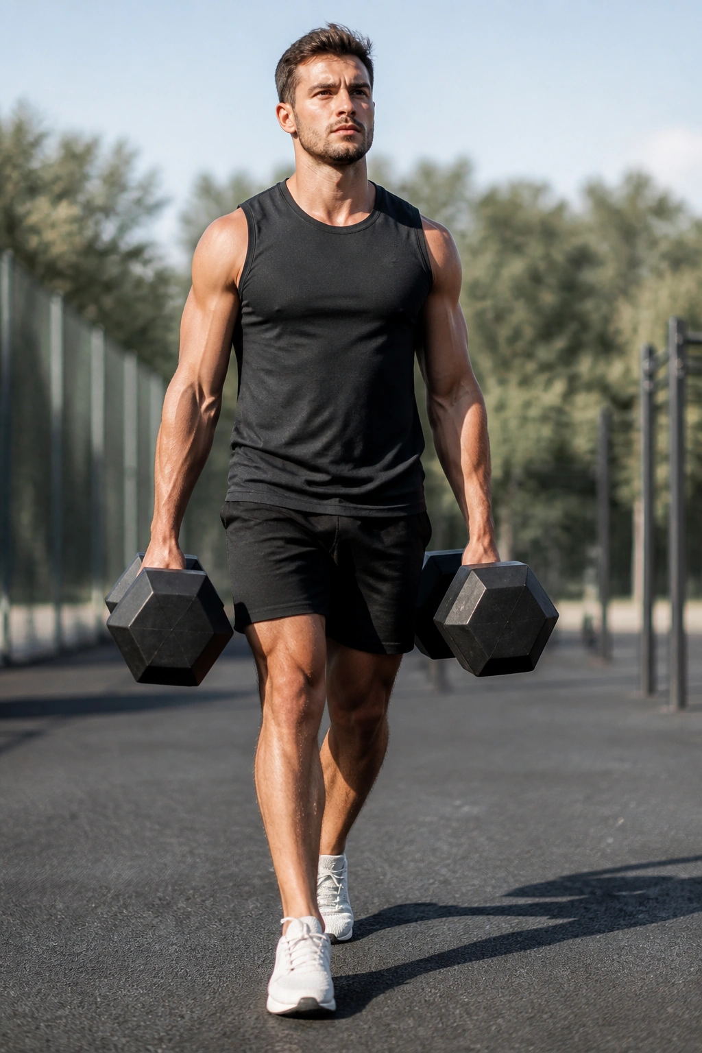 Medium shot of a person carrying heavy dumbbells in a farmer's carry