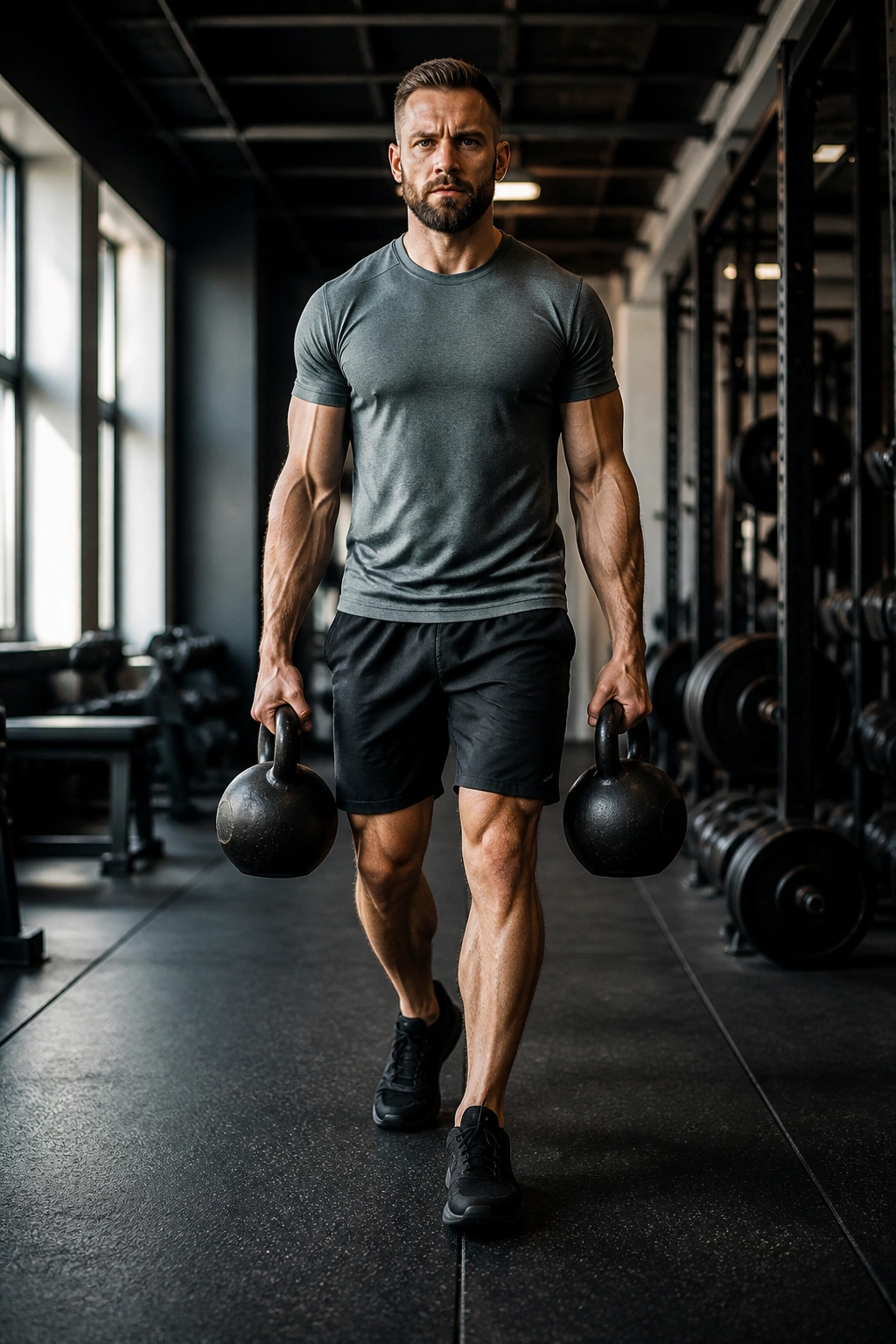 Full-body shot of person carrying two heavy kettlebells in a gym corridor.