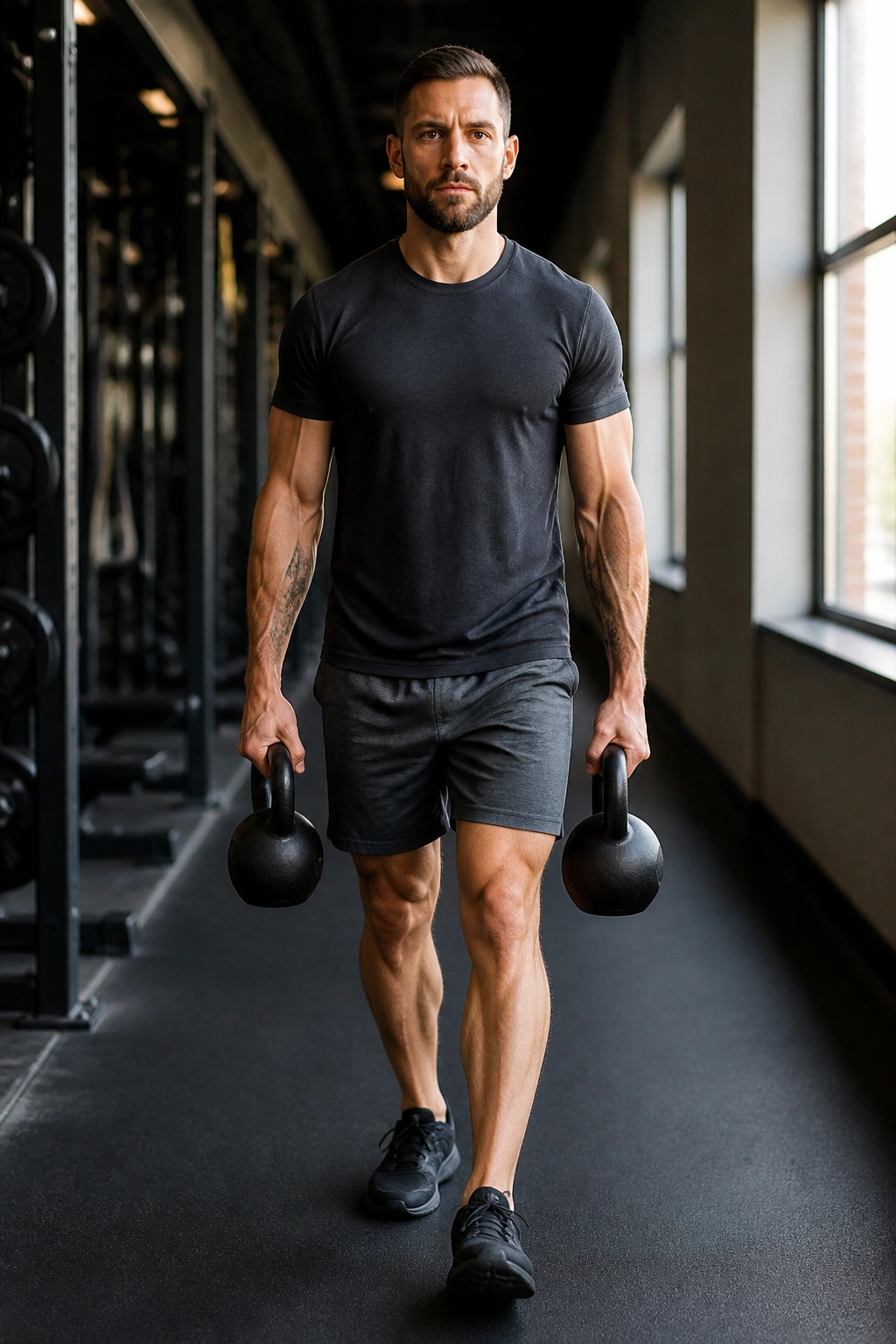 Athlete performing a controlled farmer carry with two kettlebells in gym corridor.