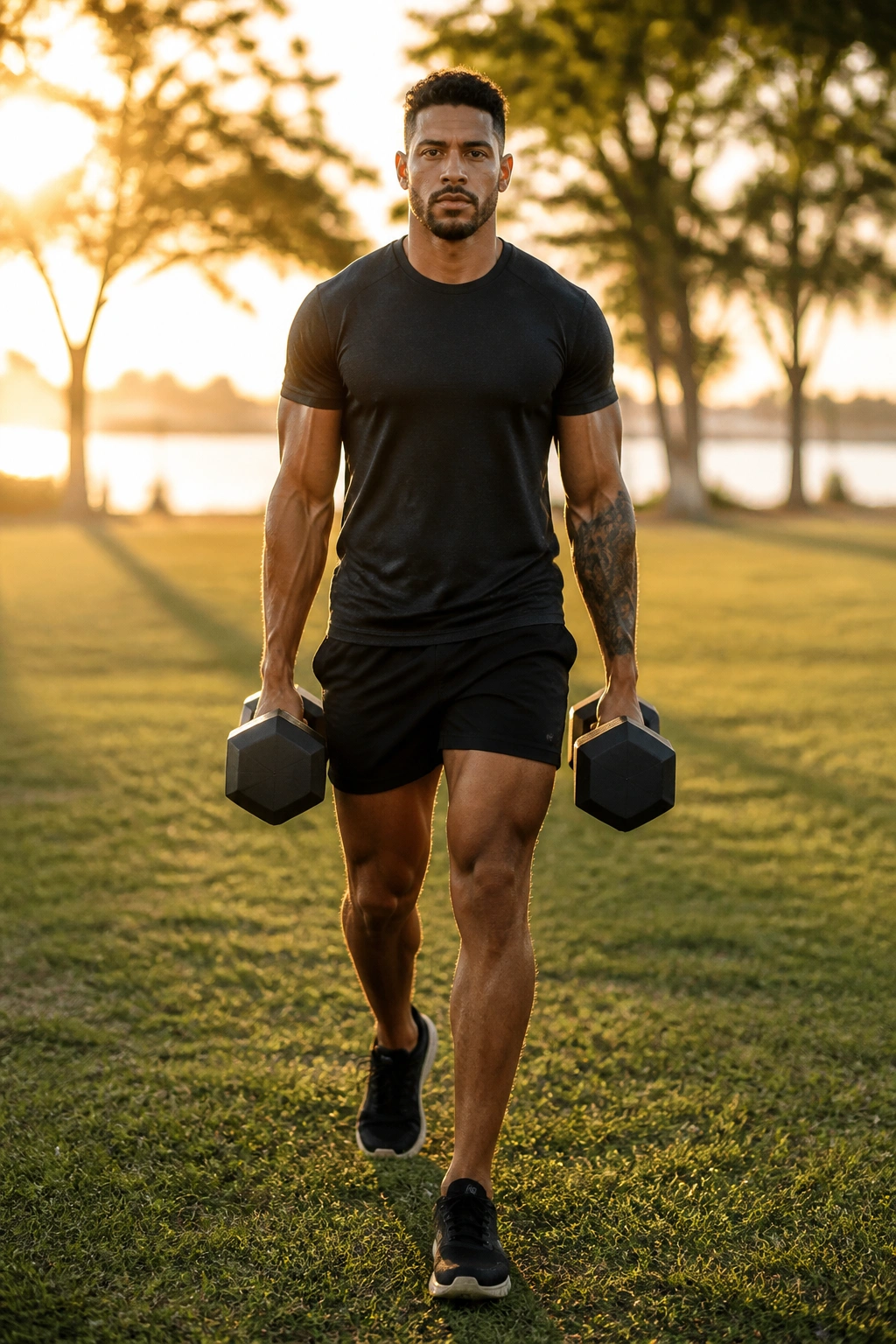 Full-body shot of a person carrying dumbbells outdoors during golden hour.