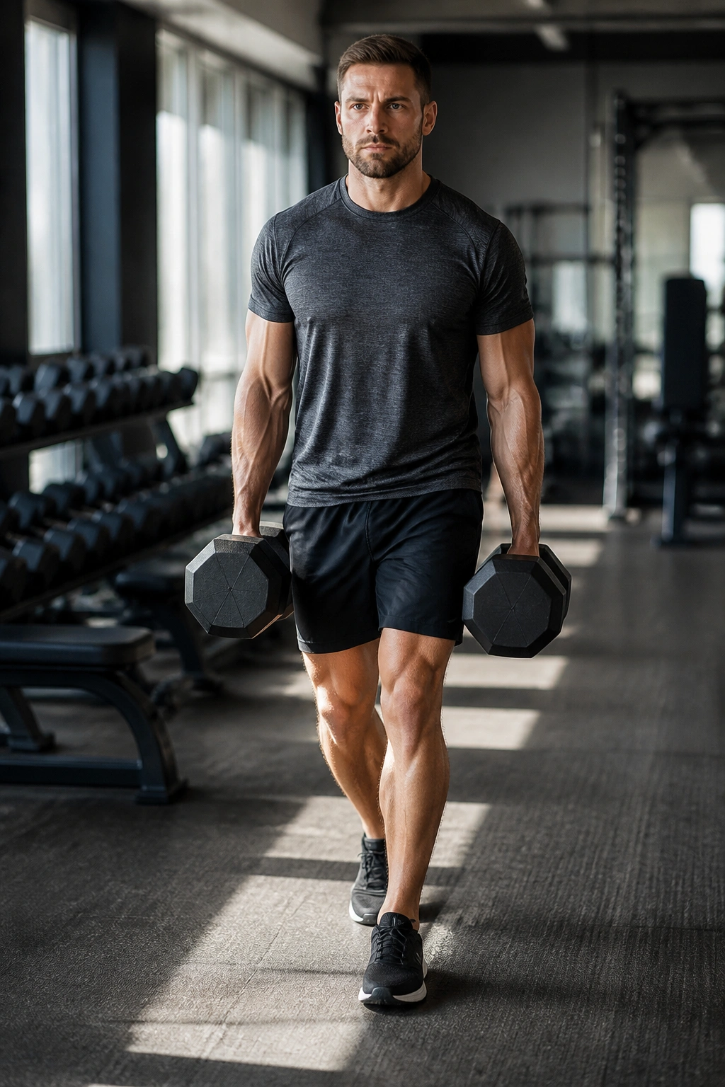 Full-body photo of a lifter performing a heavy farmer carry in a gym