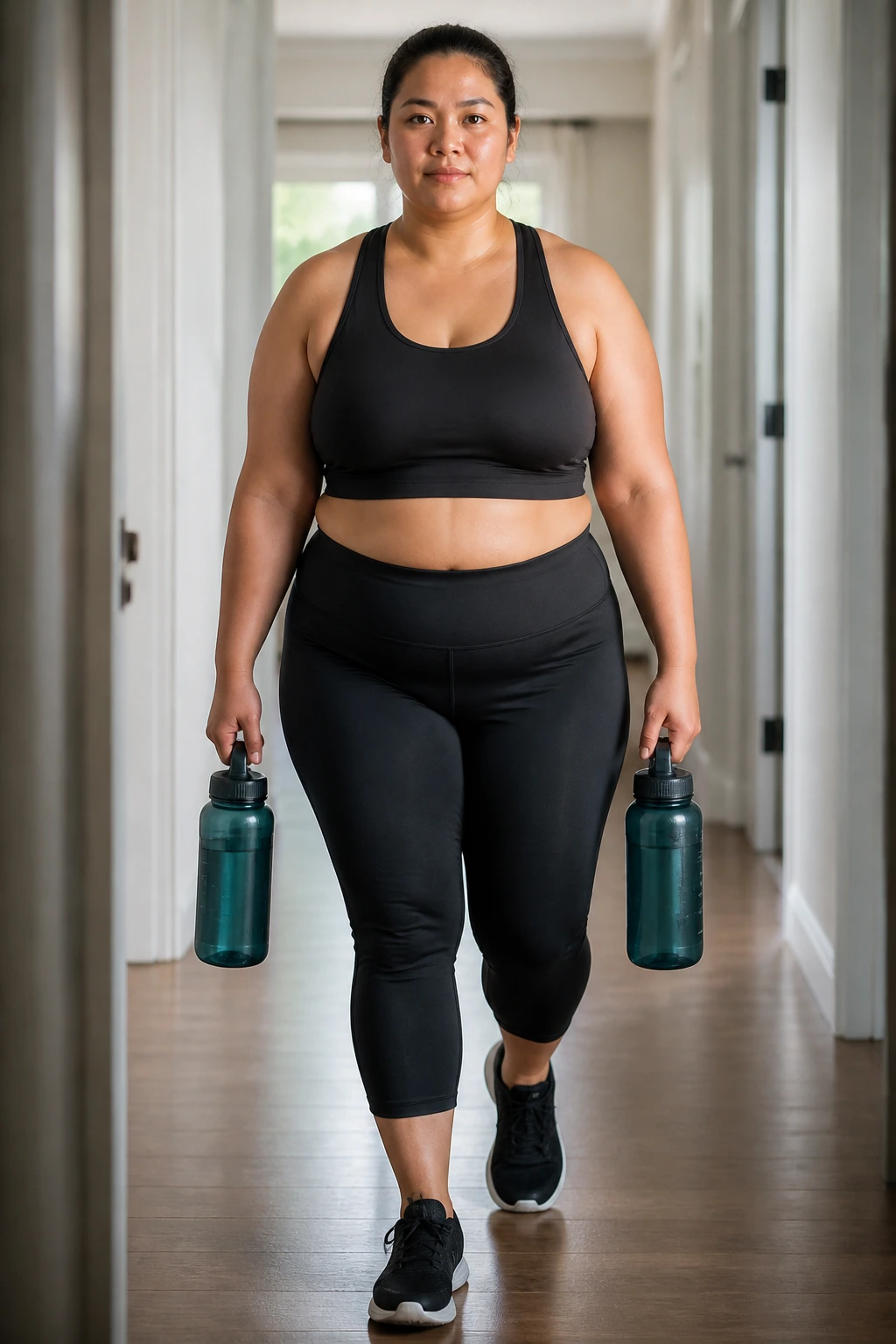 Person walking with water bottles in a home hallway