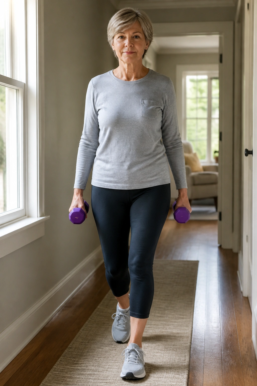 Person walking with light weights in a hallway