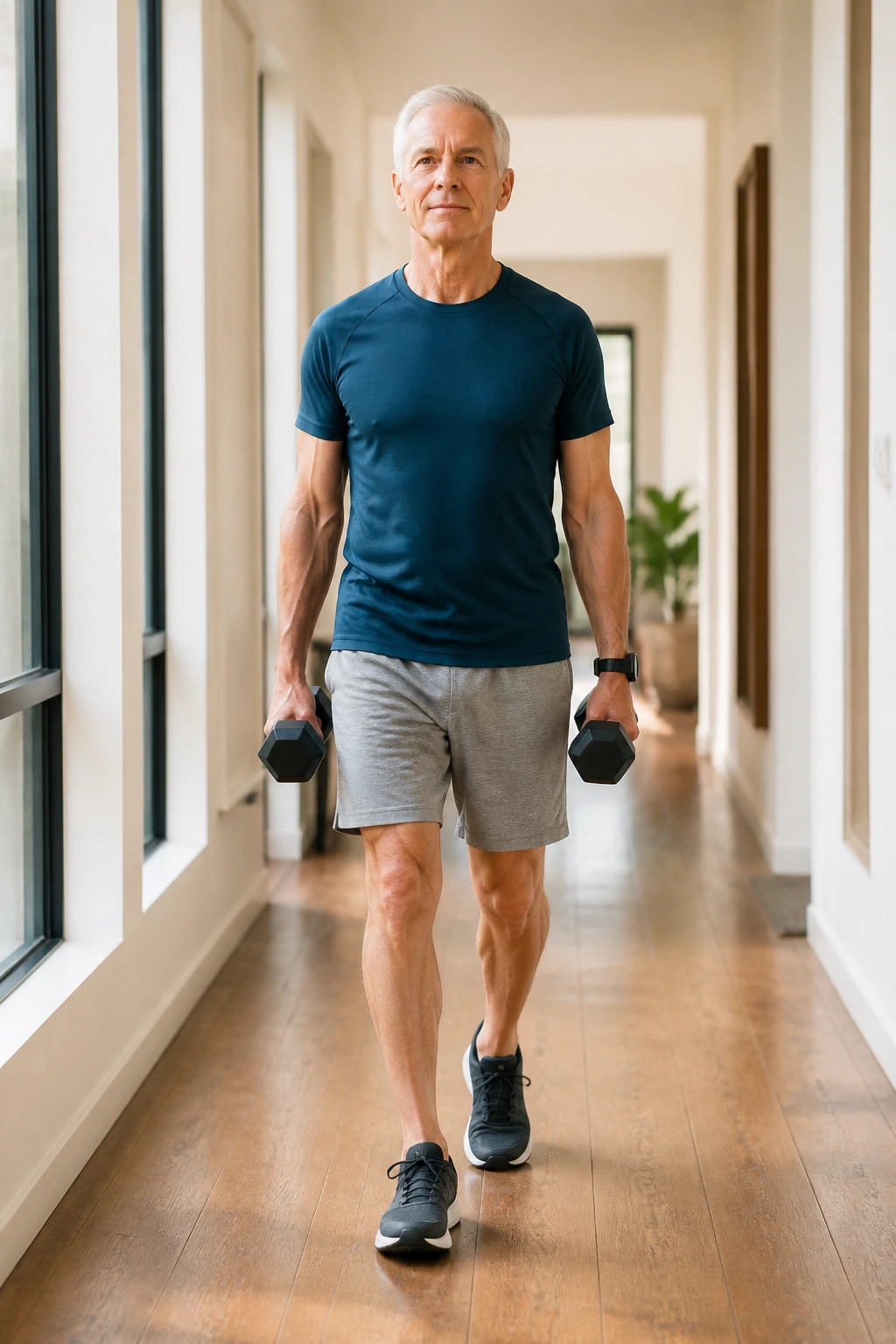 Person performing farmer carry indoors with weights in both hands