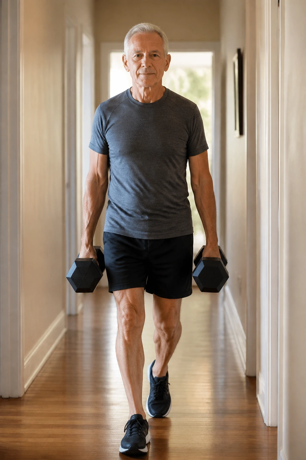 Person walking in a home hallway while carrying two dumbbells