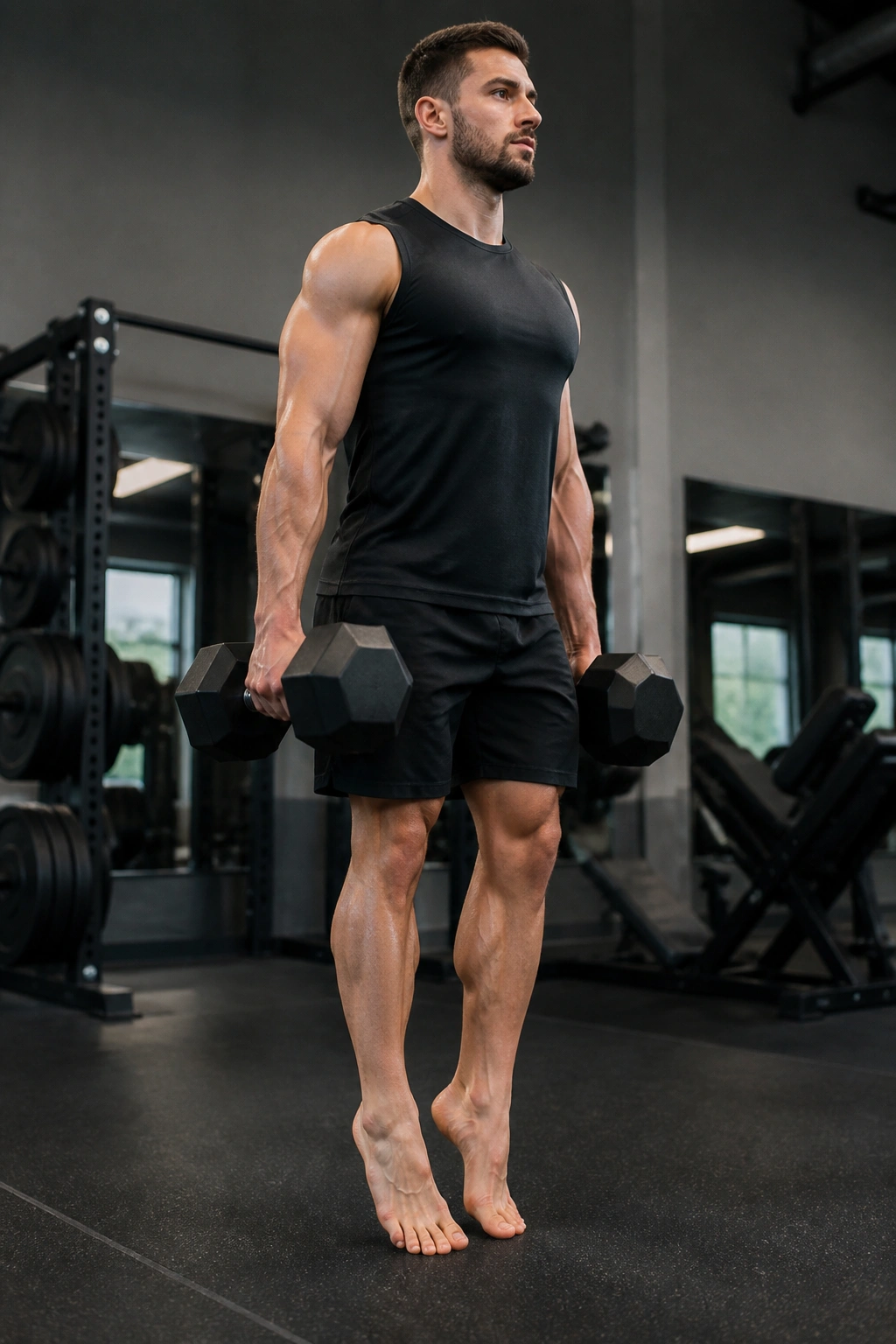 Person performing farmer’s walk on toes with dumbbells in gym