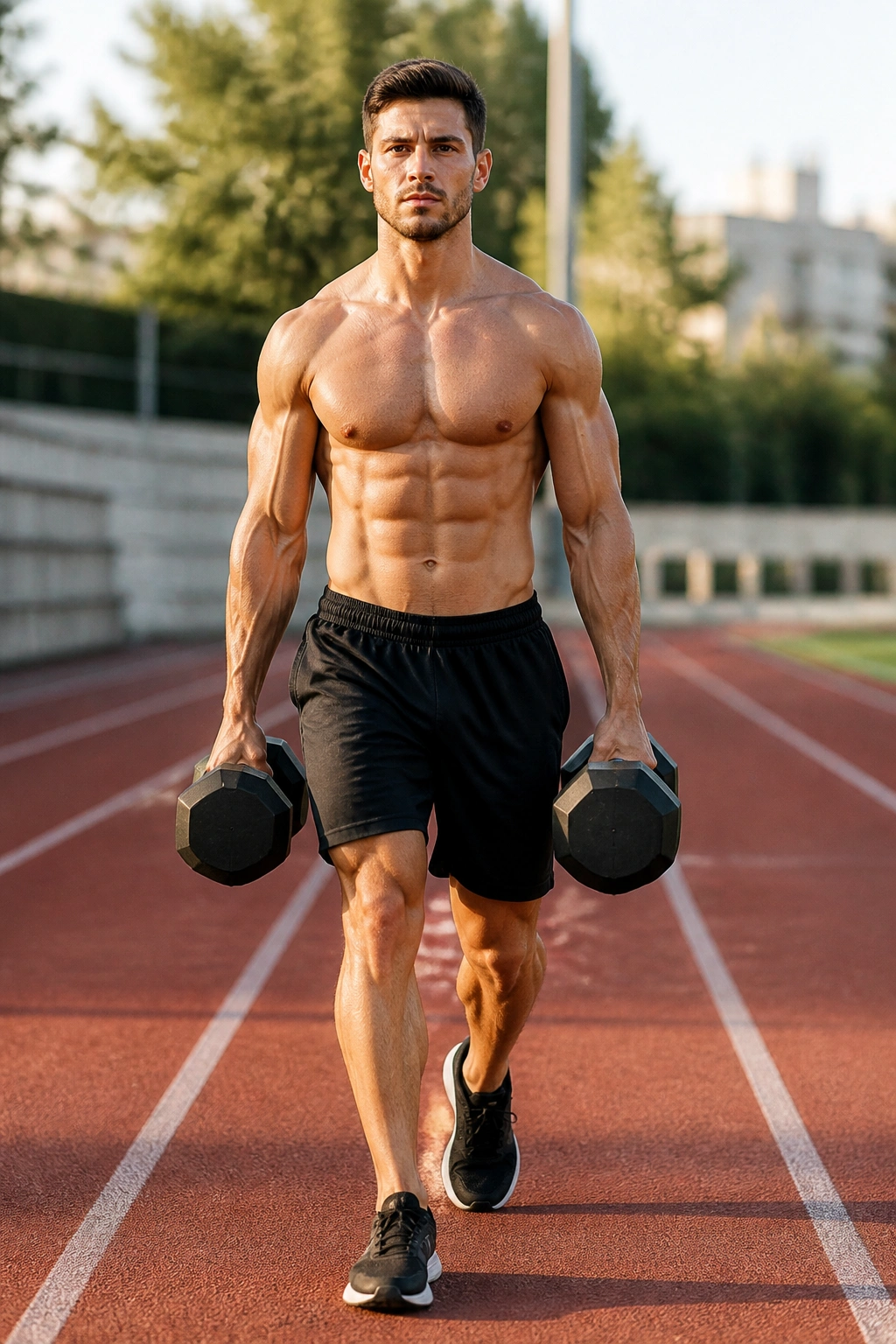 Person performing farmers carries with heavy dumbbells, upright posture.