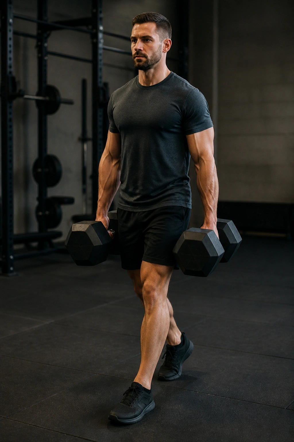 Person carrying heavy dumbbells in each hand with a braced core.