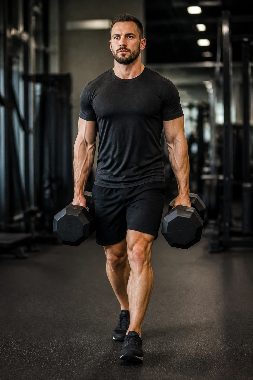 Medium shot of person performing farmer’s carries with heavy weights.