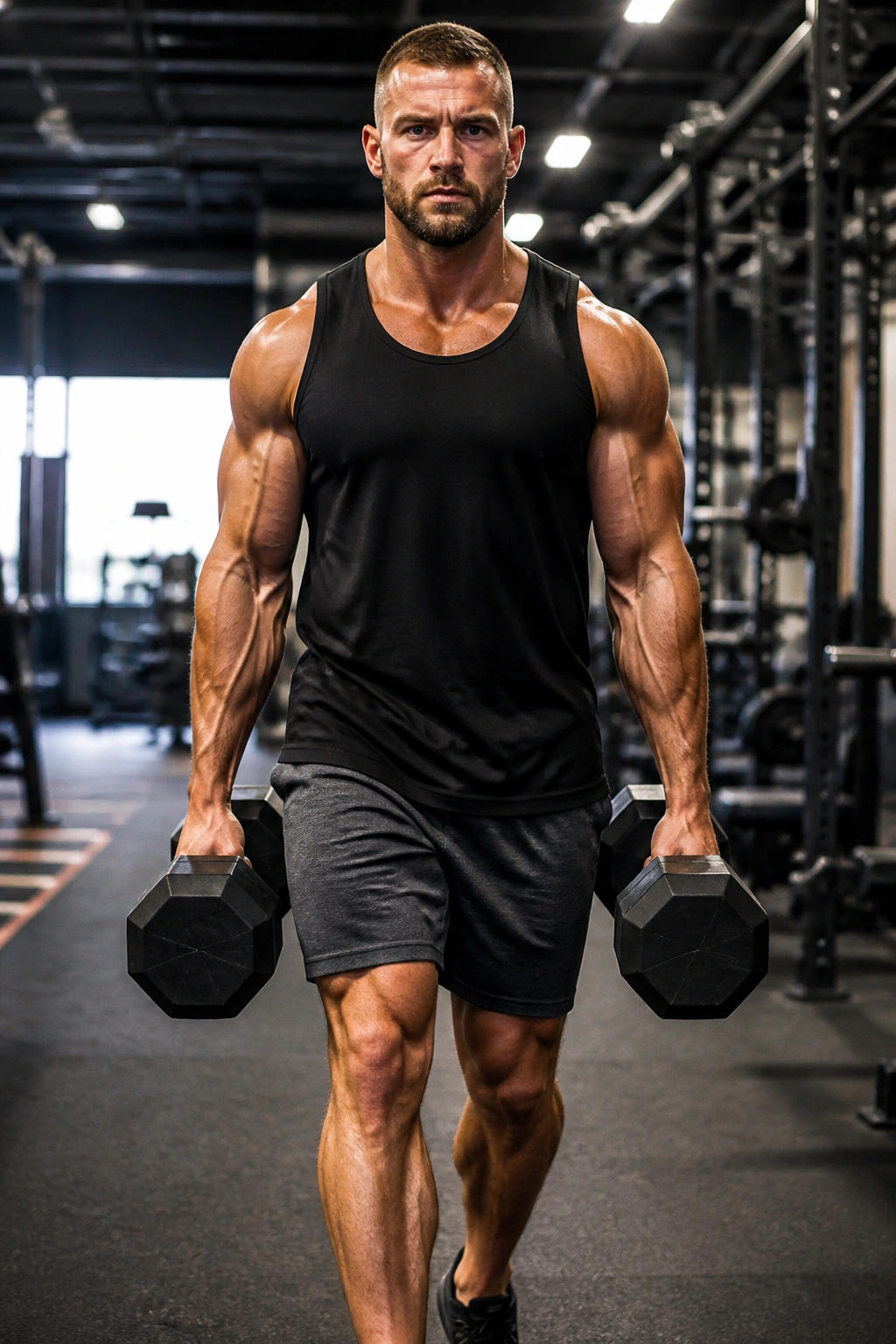 Medium close-up of a person performing farmer's carry with heavy dumbbells, grip and forearms highlighted in gym setting.