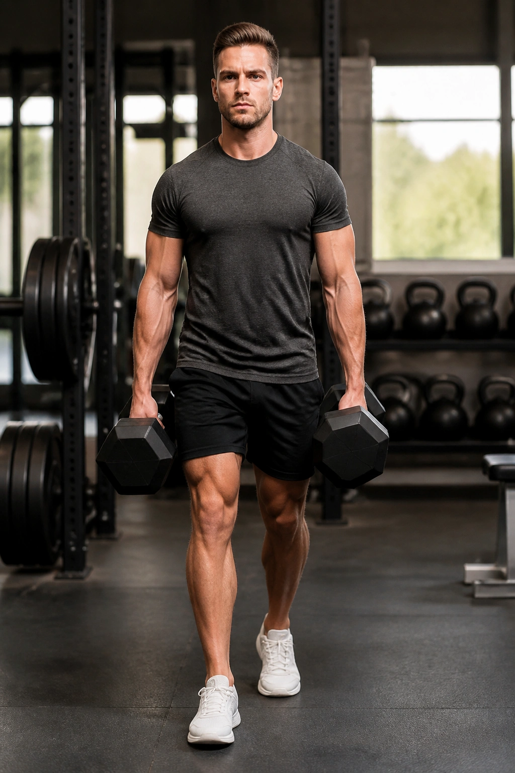 Person performing farmer’s carries with heavy dumbbells, core braced