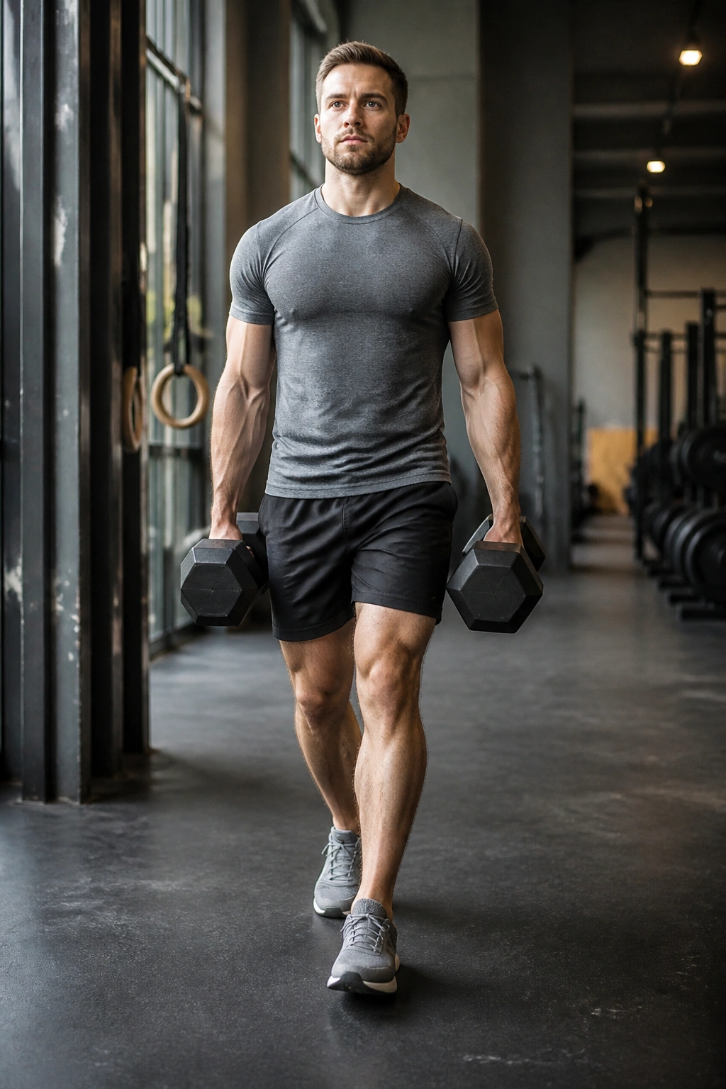 Real person performing farmer's carries with dumbbells in both hands