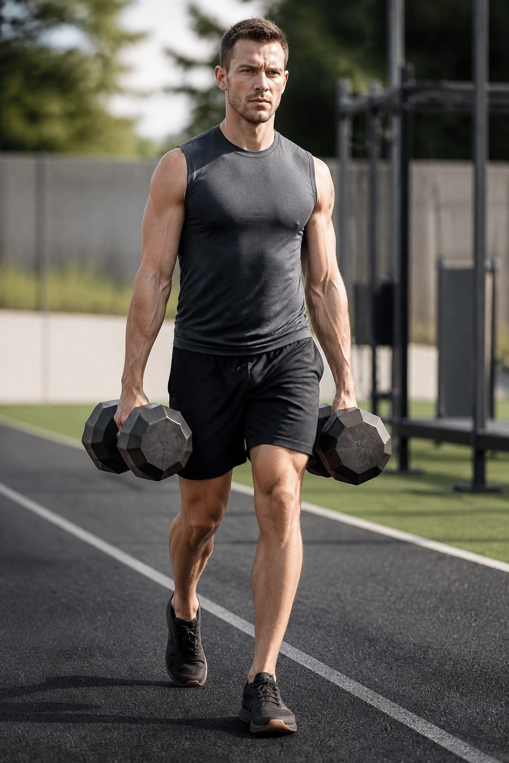 Person performing farmer's carry with heavy dumbbells in a gym-like setting