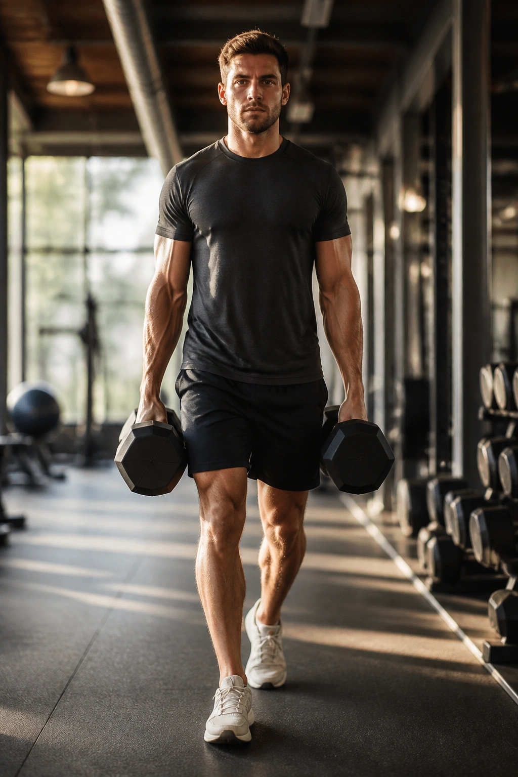 Lifter performing farmer’s carry with dumbbells in a gym corridor