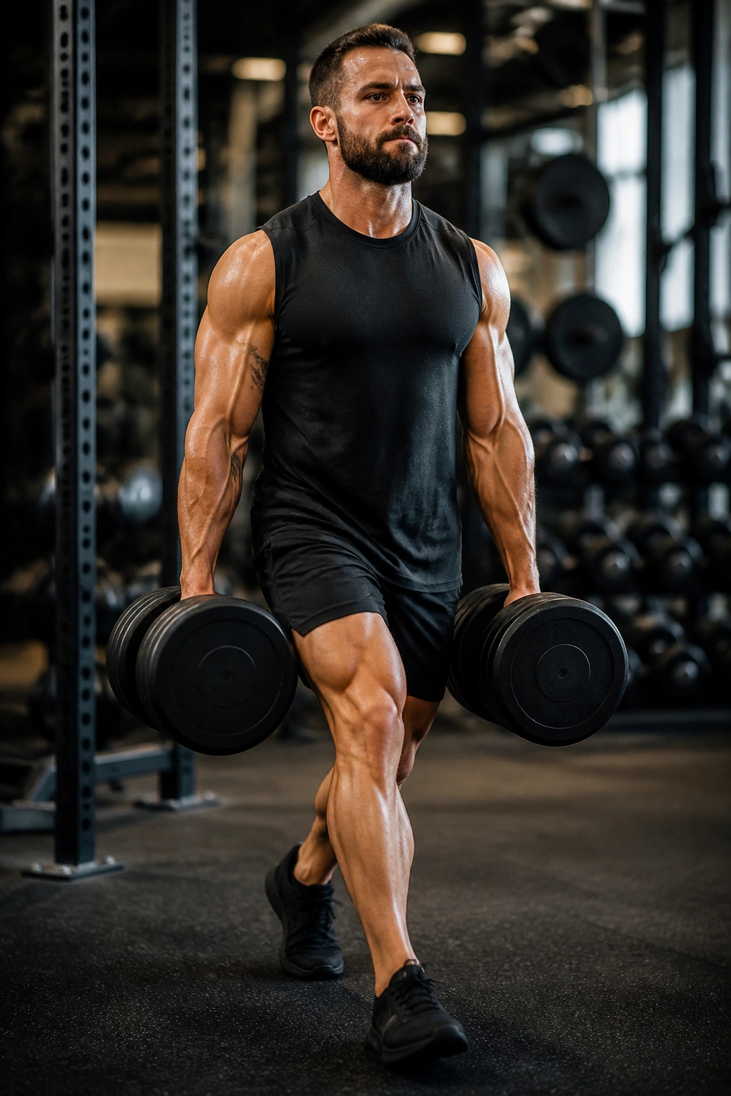 Close-up of a lifter performing a heavy farmers carry with dumbbells in a gym