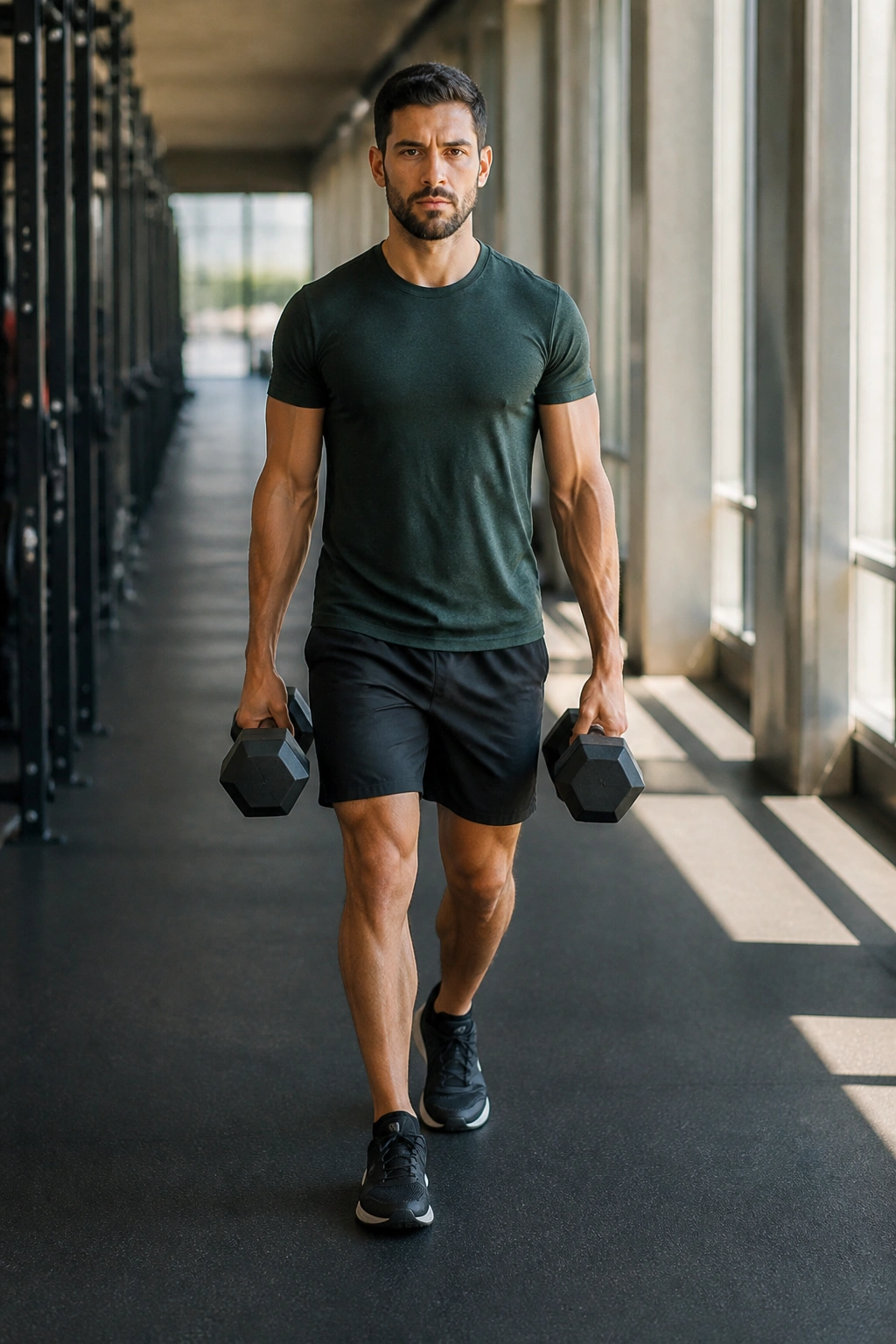 Person walking with dumbbells in each hand, demonstrating grip and core endurance.