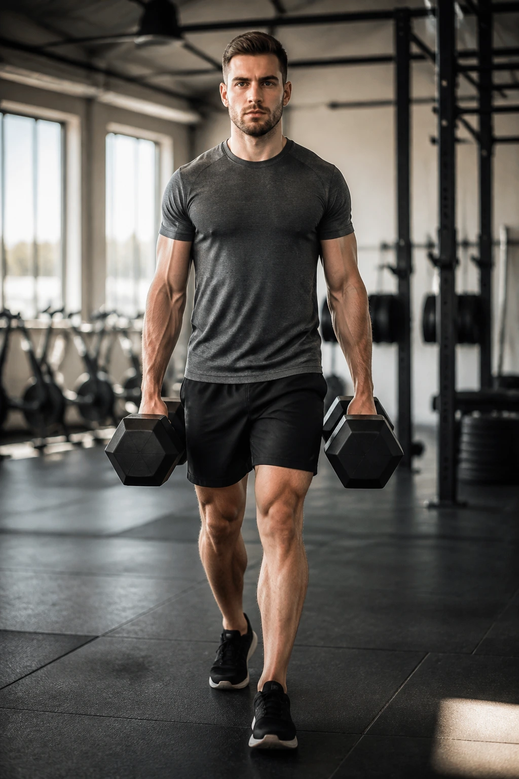 Mid-shot of a person performing farmer's carry with two dumbbells.
