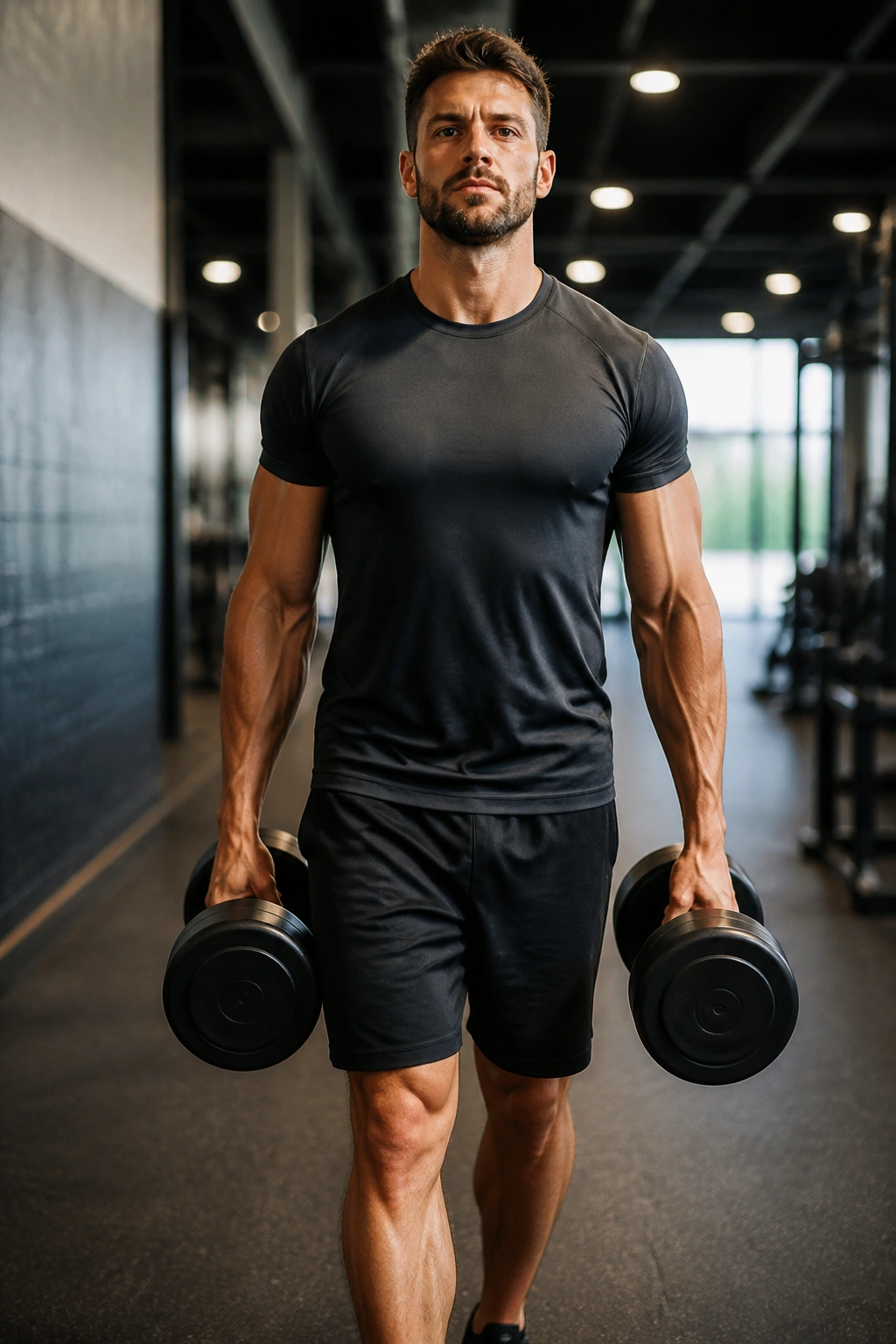 Real person performing farmer’s carry with heavy dumbbells, upright posture.