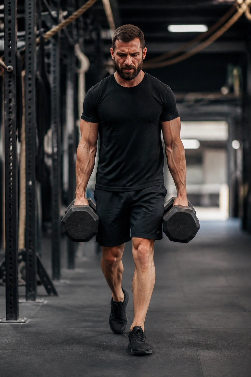 Person carrying heavy weights in both hands during farmer's carry