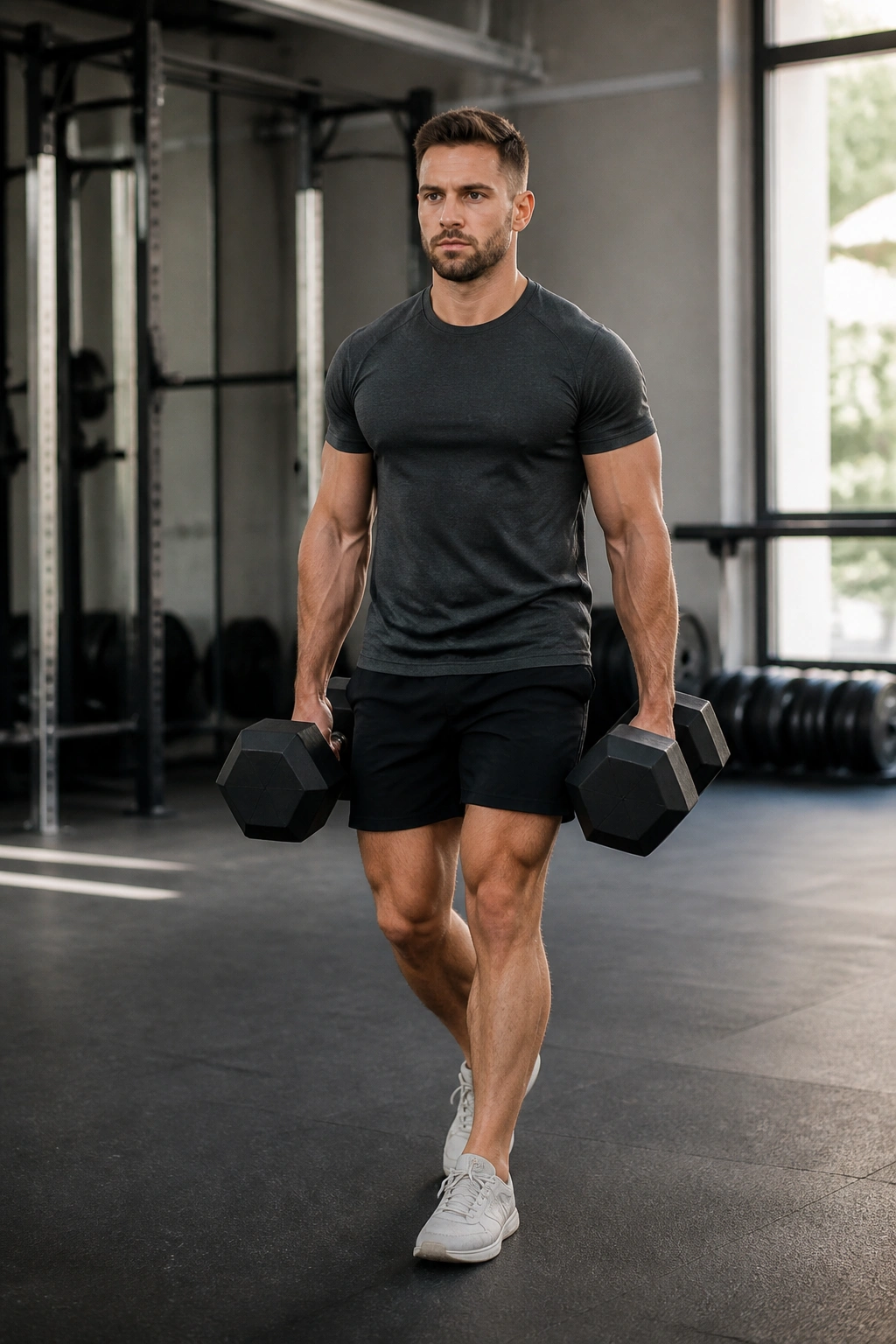 Real person performing farmer's carry with dumbbells in a gym