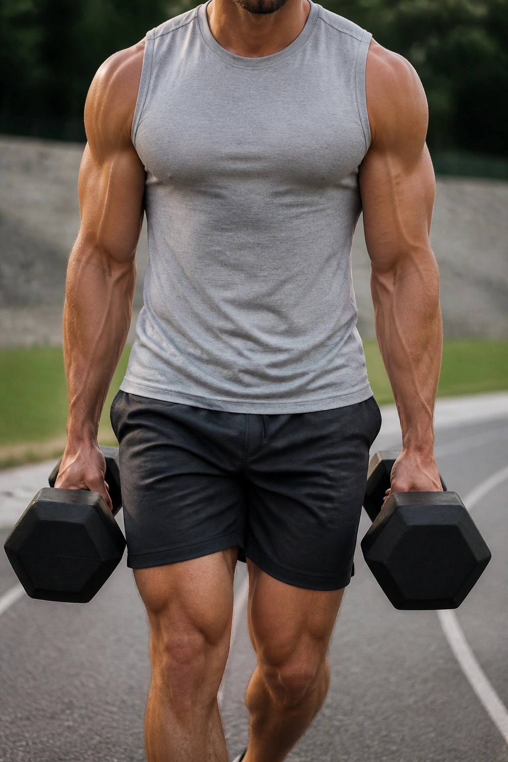 Person performing farmer’s carry with heavy dumbbells outdoors/in gym