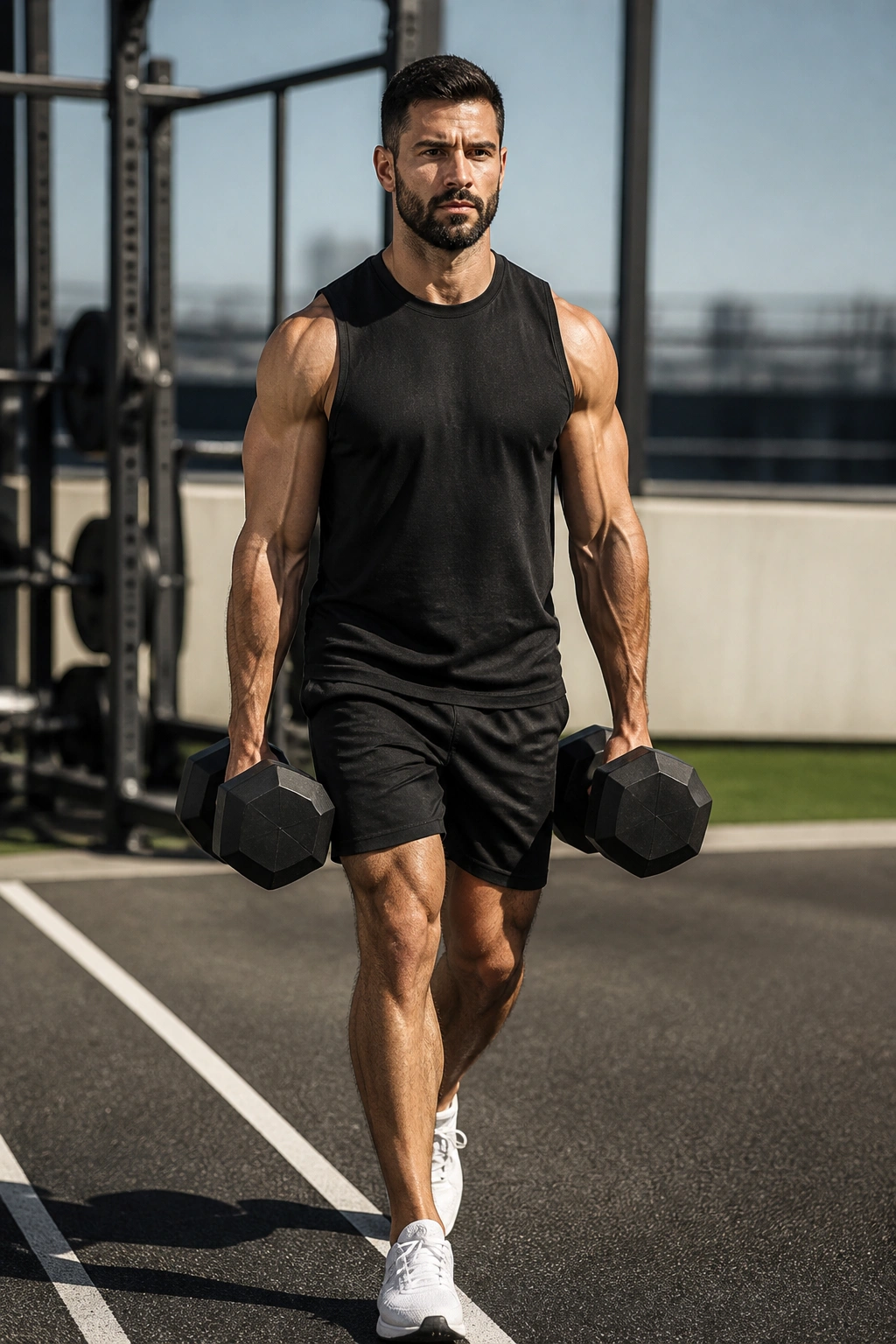 Person performing farmer’s carry with two dumbbells, maintaining tall posture