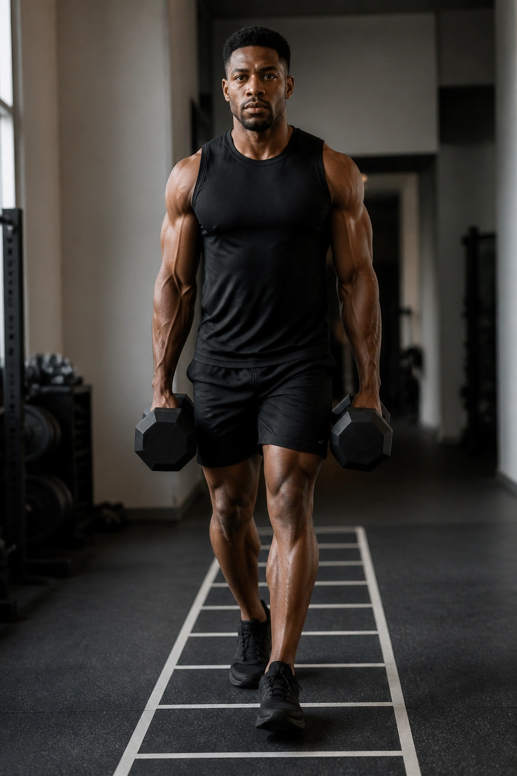 Person performing farmer's carry along ladder line in gym