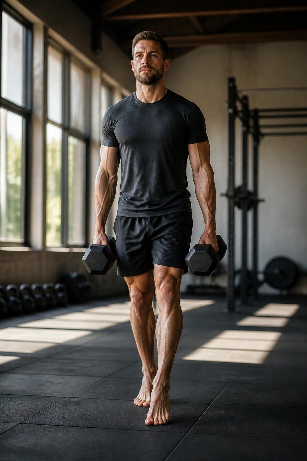 Full-body shot of person performing farmer's carry on toes with dumbbells