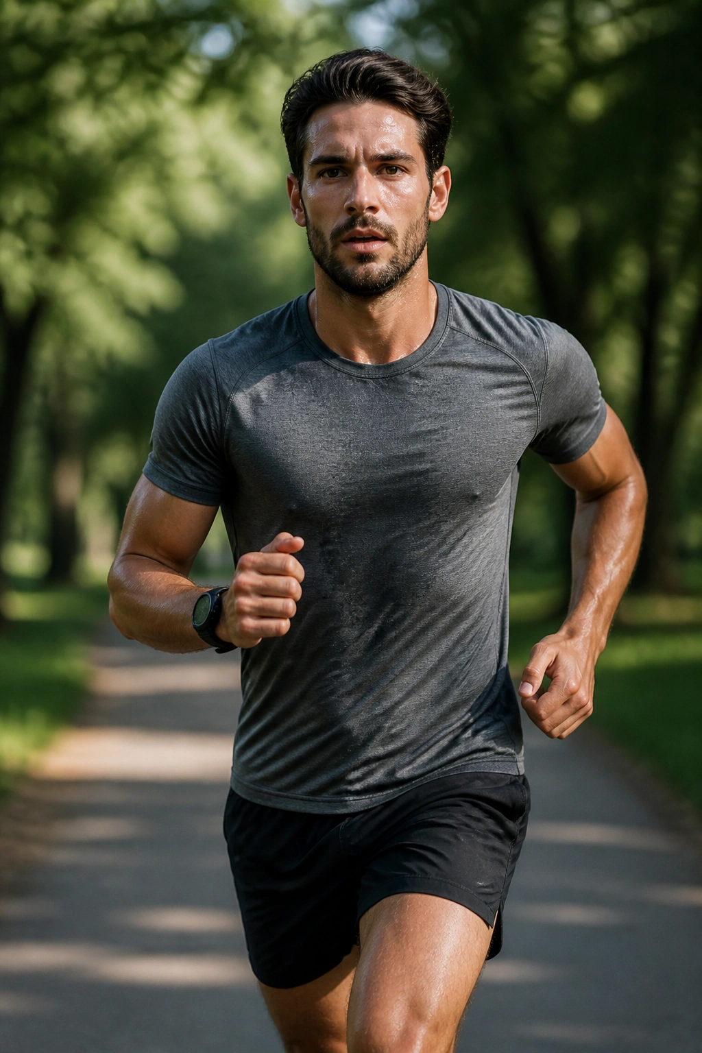 Runner performing pickups during a fartlek workout in a park