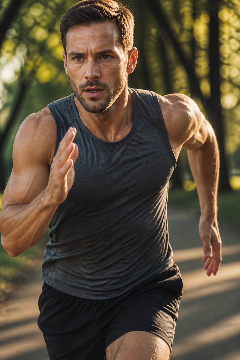 Runner performing park fartlek pickups on a sunlit path