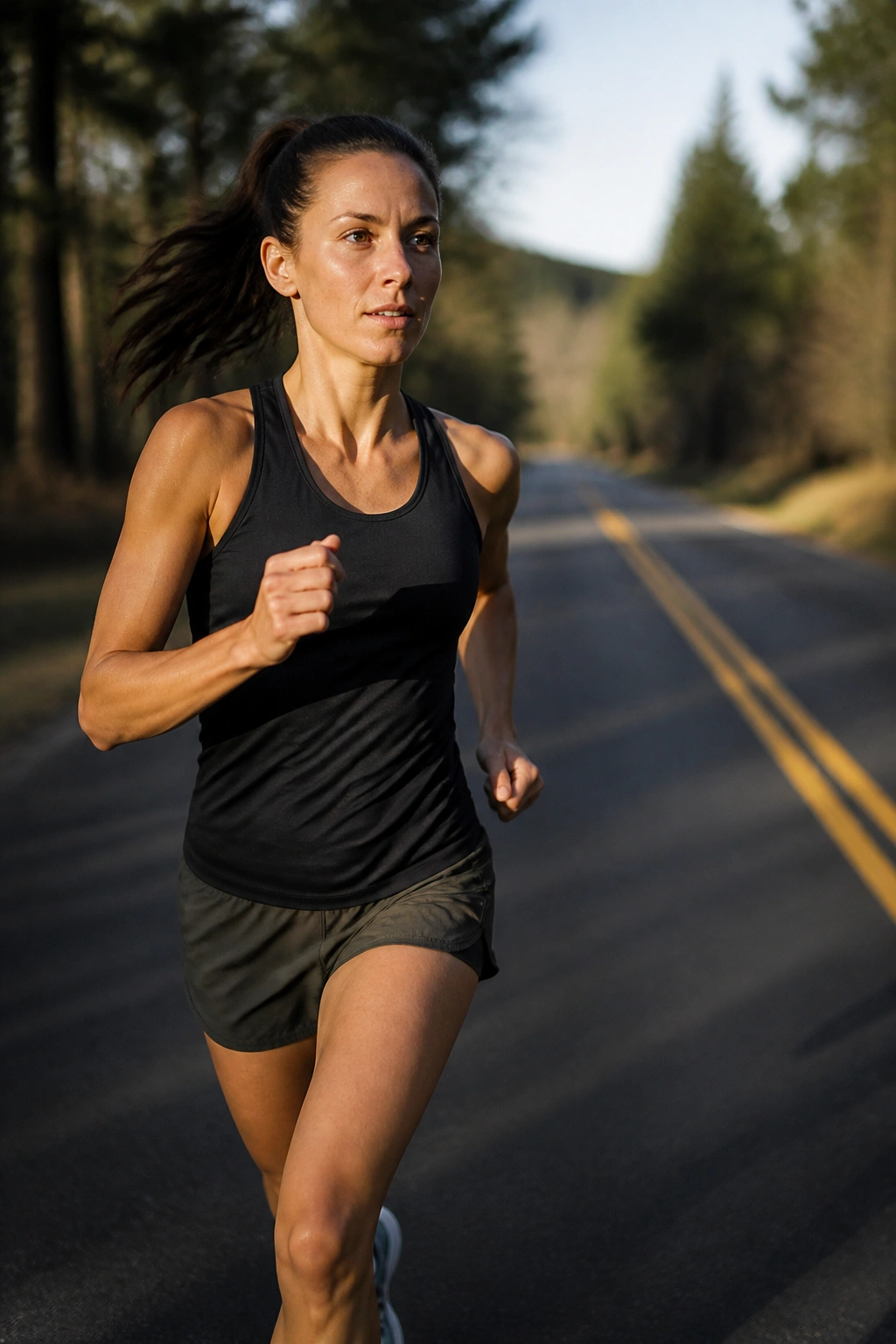 Runner on a tree-lined road performing fartlek-style speed variations
