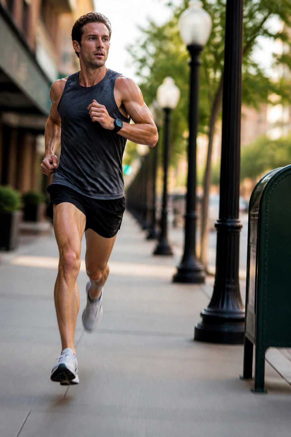 Runner performing fartlek intervals between lamp posts on an urban street