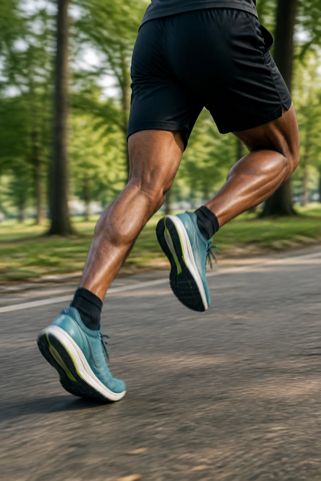Close-up of a runner's legs mid-stride during a fartlek run in a park