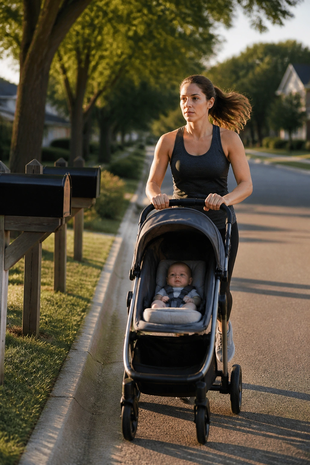 Mom pushing stroller briskly along suburban street with mailboxes