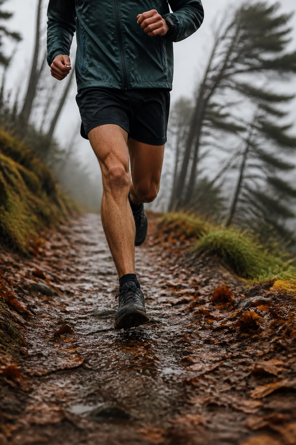 Close-up of a runner on a forest trail with changing pace during windy weather.
