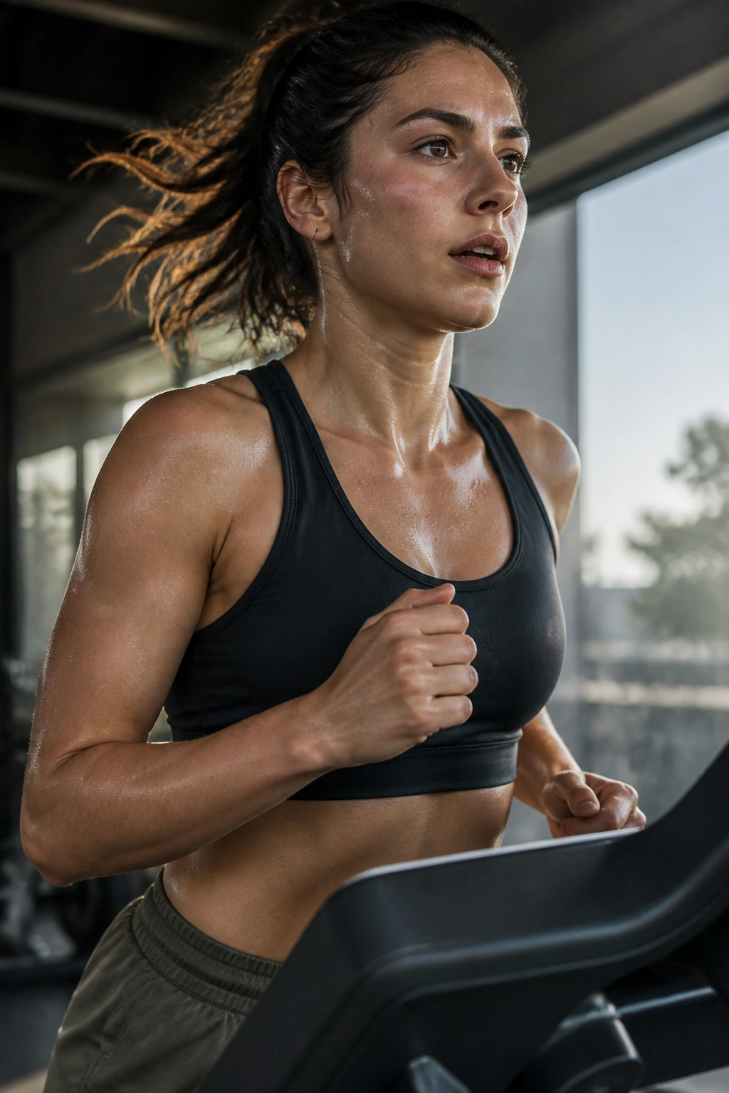 Runner on treadmill during fartlek style pace changes in a gym