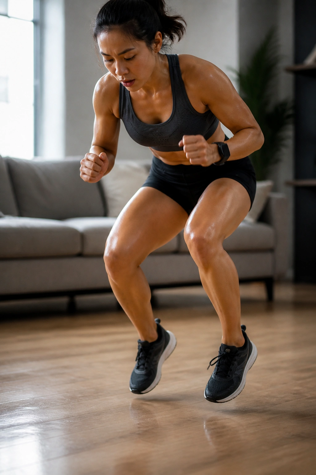 Person performing fast feet drill in living room