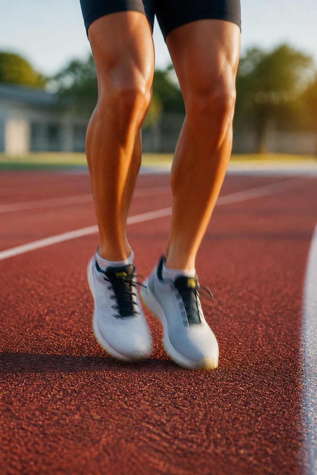 Close-up of fast feet tapping on track during drill, emphasizing quick ground contact