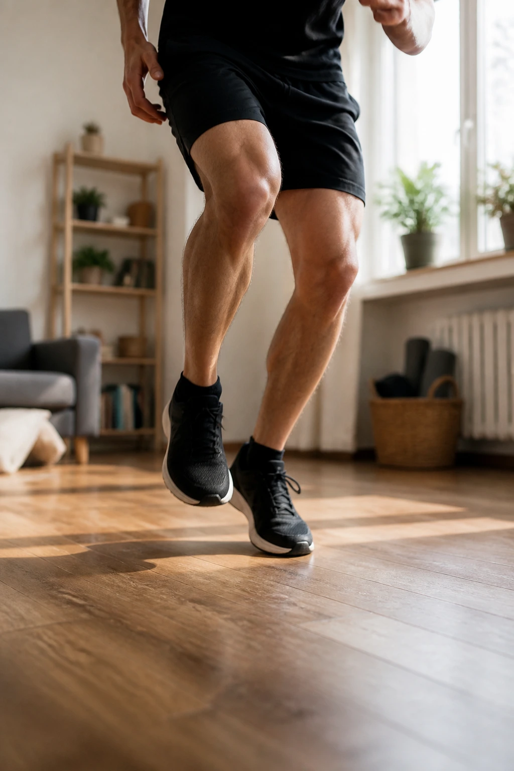 Athlete performing fast feet in a small apartment