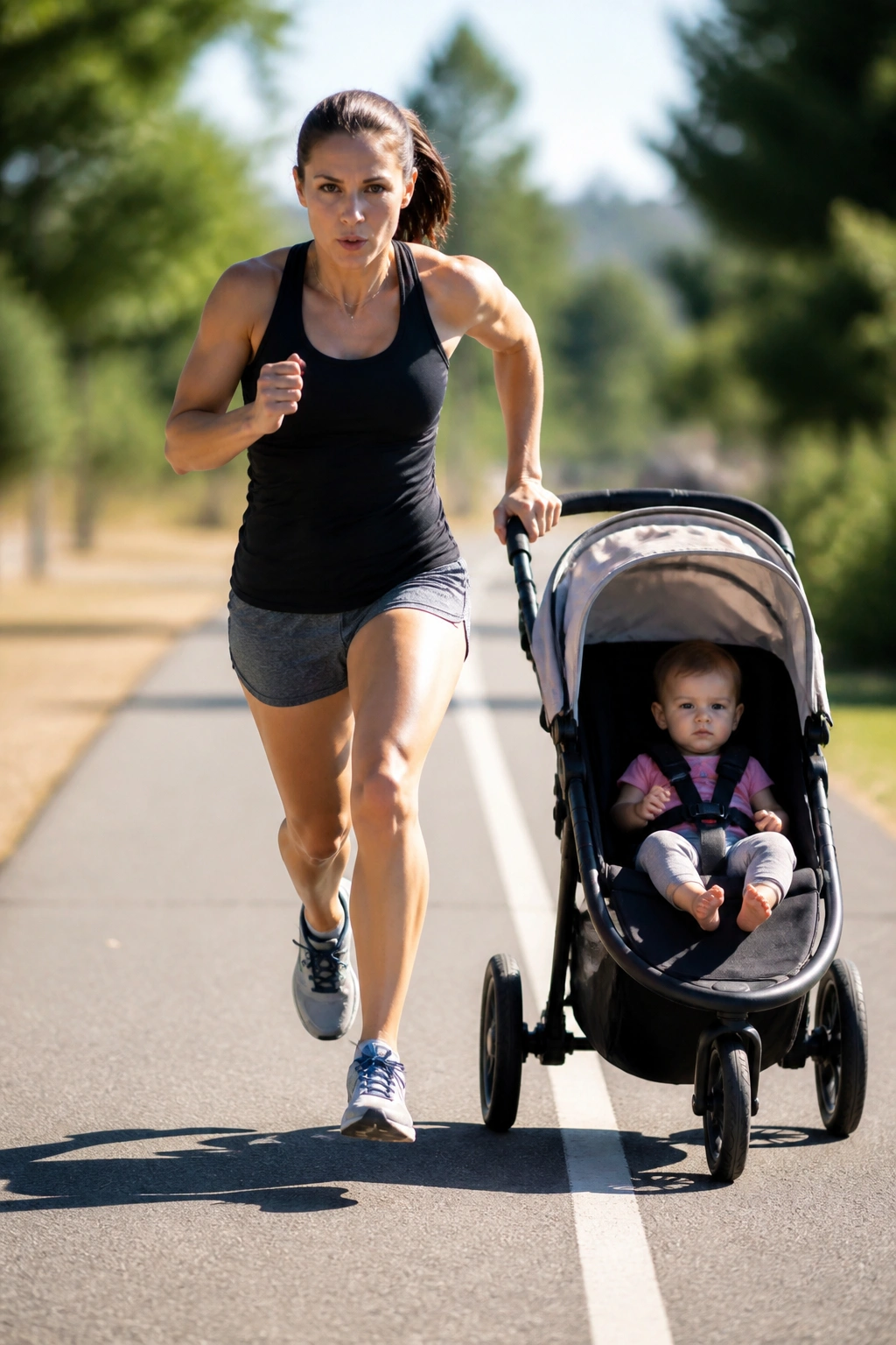 Person performing fast-feet intervals on straight path with stroller